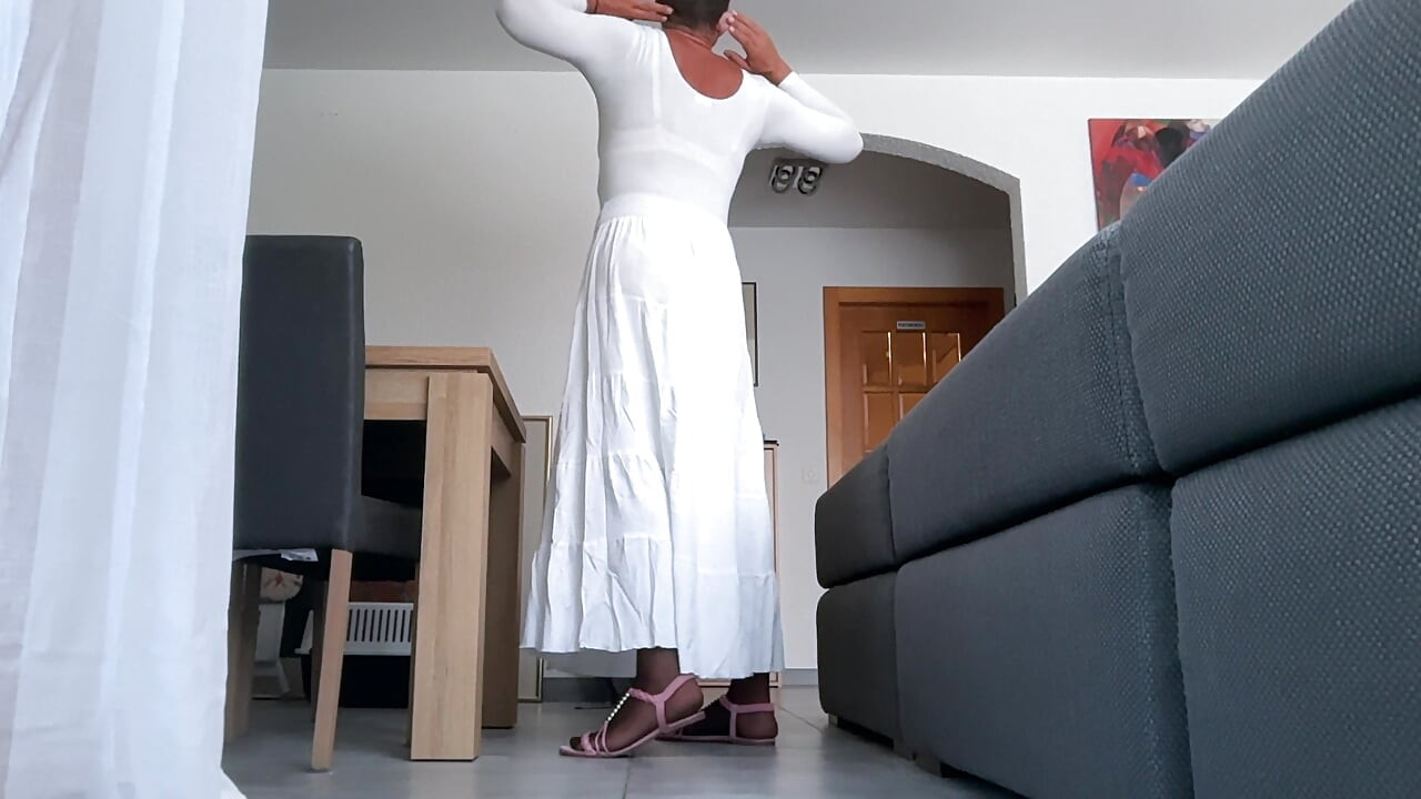 Sweet Femboy in her feminine white outfit and nylon and show ass and cock