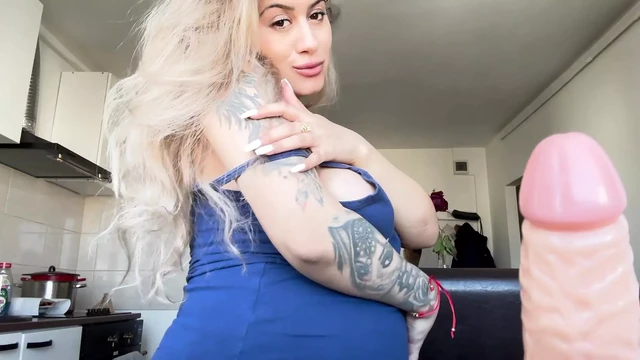 Big boobs blonde teasing and suck dildo in the kitchen
