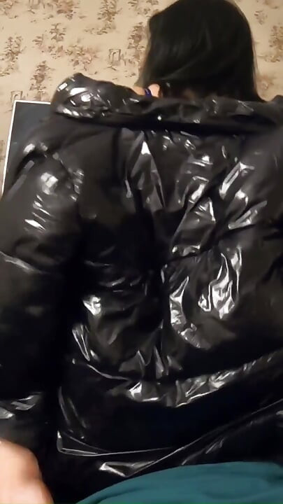 Milfycalla My Friend Cums 3 Times on My New Black Shiny Puffy Downjacket!