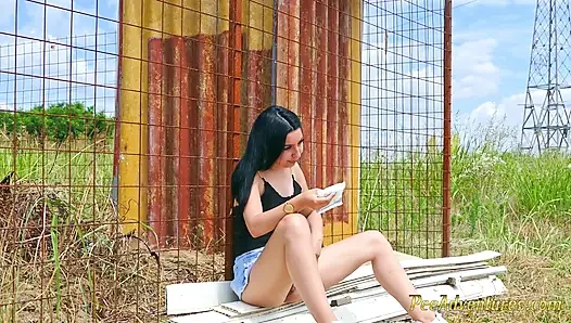 Sexy Brunette Trying Hard to Empty Her Bladder Outside, Then Quick Pee Next to a House in Construction