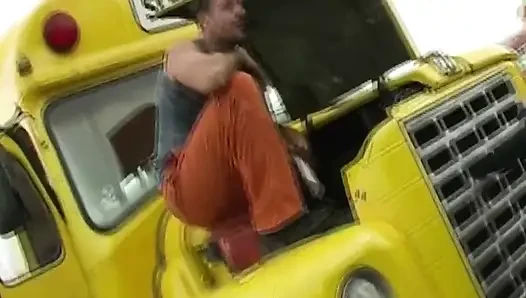 Brunette and Redhead Share Cock on Yellow Truck