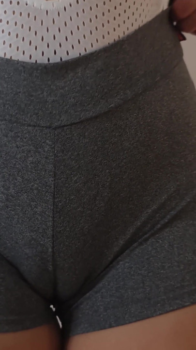 Big pussy girl playing with her package wearing panties and shorts | Clip 2