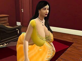 Desi aunty manju trêu chọc sừng kẻ qua mặc một sexy màu vàng saree