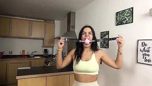 Latina's Personal Trainer Predicament: Giant Ballgag, Hogtie, and Drenching Drool! (4k)