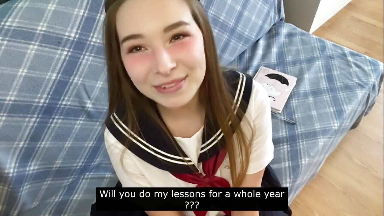 كتي بالزي الجامعي الياباني يلمس قضيبك ويشعر بالحرج