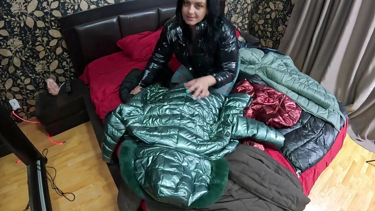Shiny Downjacket Fetish MILF. Multiple Jackets, Rough Fuck and Cum All Over My Coat