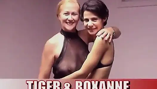 Cewek rambut cokelat dengan stoking jaring-jaring dan cewek rambut pirang bertato berbagi dildo berkelir dua