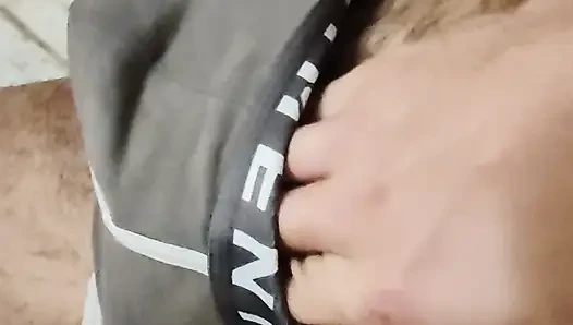 The chastity belt boy jerks off his dick and cums.