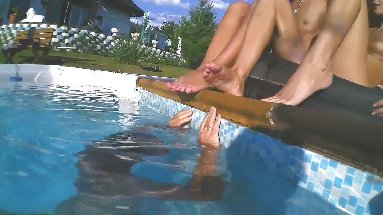 Pool teens waterboarding foot domination fun!