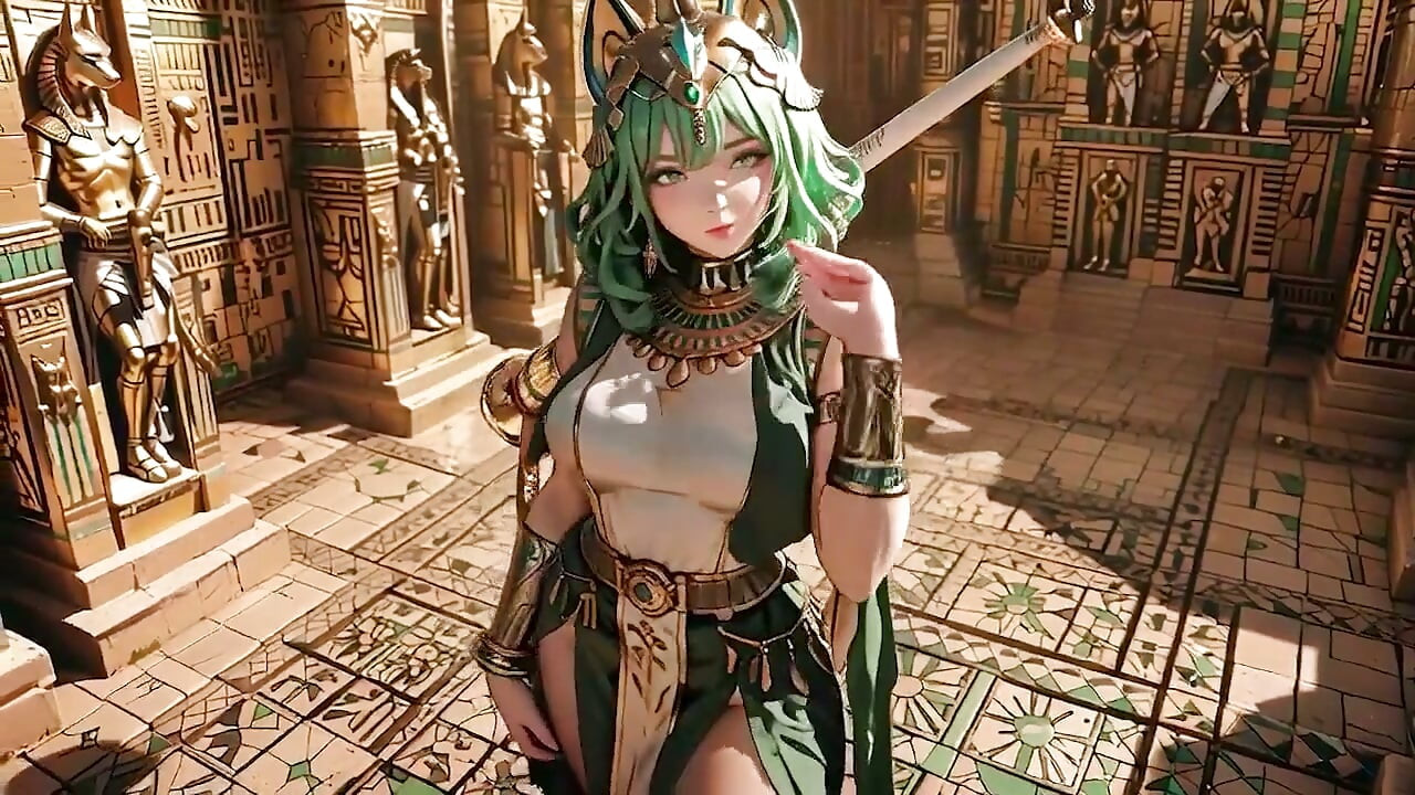 Rainha Egípcia de cabelos verdes! Ajoelhada no Salão Dourado, guardada por esfinges.