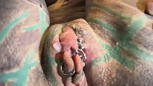 Hot Solo Tattooed Babe with Glasses Plays with Creamy Pussy & Dildo