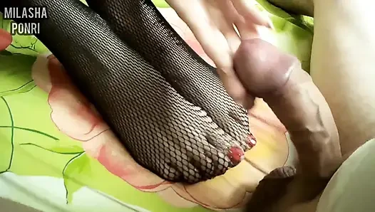 Real homemade footjob with stepsister in black stockings. LOTS OF CUM ON MY FEET
