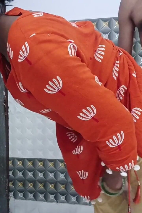 Hot Desi Messy Blowjob & Standing Dogy Style Sex Orange Dress