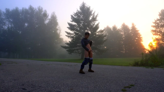 Shameless hot twink flaunting big dick and tight asshole in the middle of the road
