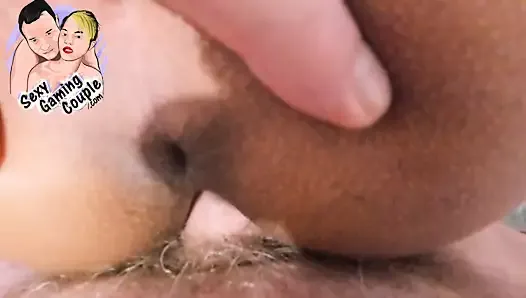 Close-up standing doggy fuck of dick in the pussy with creampie end