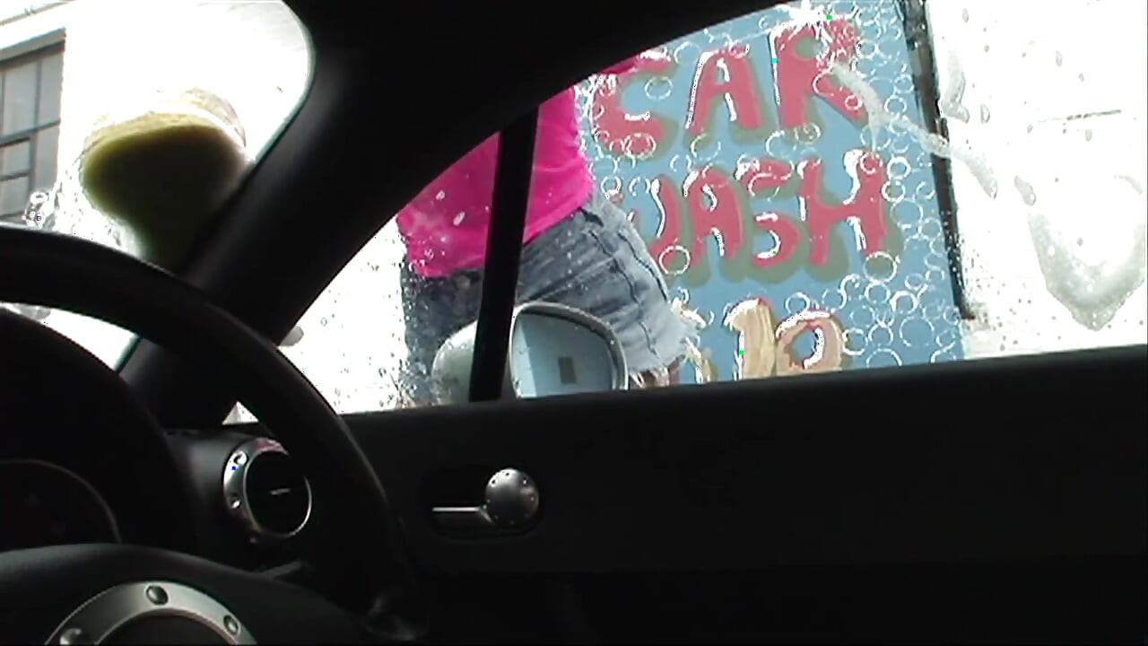 Sex in the car wash with a brunette bitch in sexy pink fishnets