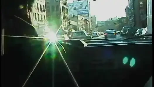 Commuter redhead carpools with creep who debases her in car in city traffic