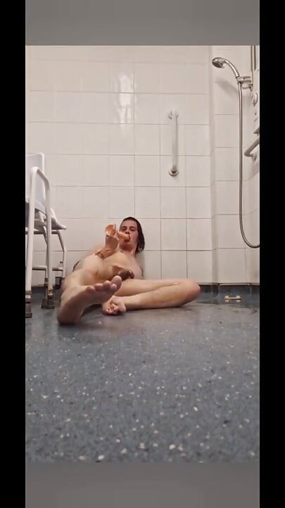 1hr real homemade amateur solo British teen risky public bathroom and shower room oiled up extreme brutal dildo anal fuck