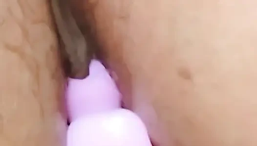 Greedy wife explores new sex toys (part 2): two vibrators in her pussy and butt plugs (both went in, the small and the big)