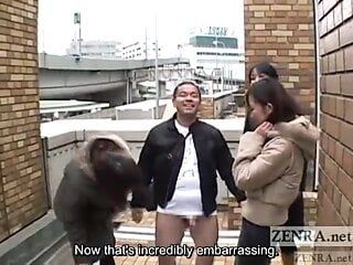Japanese women tease man in public via handjob Subtitled
