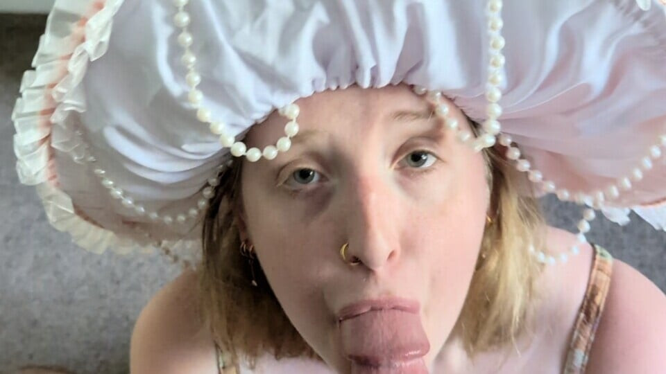 Nature girl tries to eat long mushroom