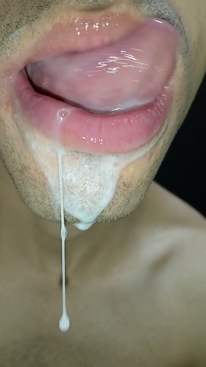 Cum in my mouth, play with your cum, and swallow it, close-up, naughty gay, tongue, sloopy, hot and submissive trans | Clip 1