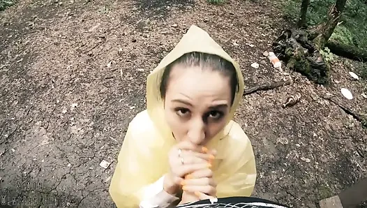 Black Lynn in Yellow Raincoat Sucking Cock in the Woods - Outdoor Blowjob and Cum in Mouth