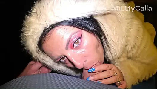 Risky White Fur Coat Blowjob and Doggy Indoors and Out