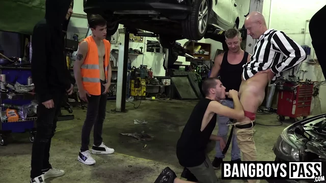 Mature man bent over and drilled by car shop workers