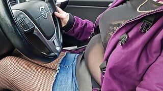 MILF Driving with tits out, bra, short skirt, see-through top, around the city