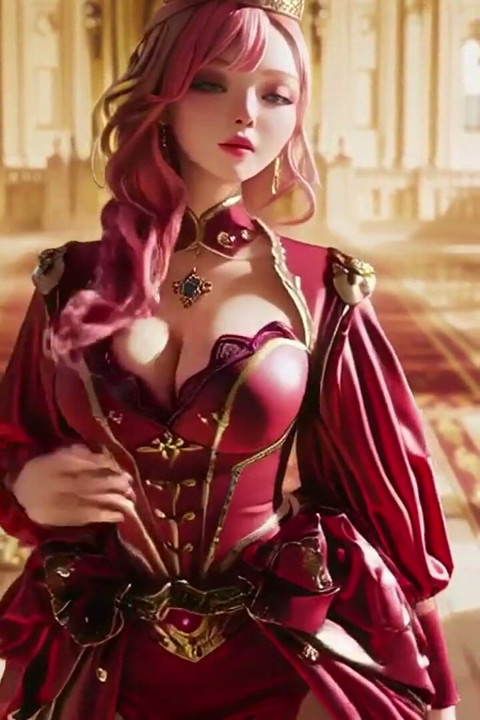Ngai vàng đỏ thồ lên ngôi của nữ hoàng màu hồng! Lụa đỏ sâu, vàng goblet, và một ánh nhìn lười biếng từ ngai vàng. Tưởng tượng thuần túy