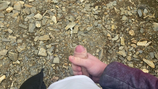 I jerk off a flaccid dick and cum on a mountain lake in nature! POV!