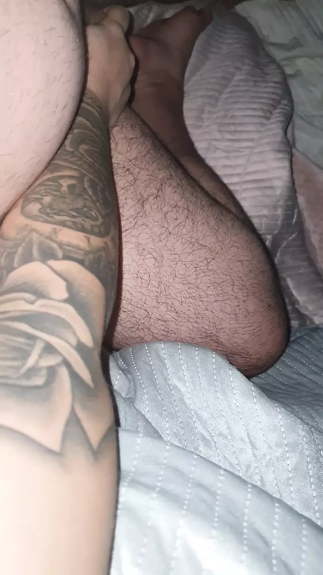 Tattooed step mom asslep naked with hand on step son dick