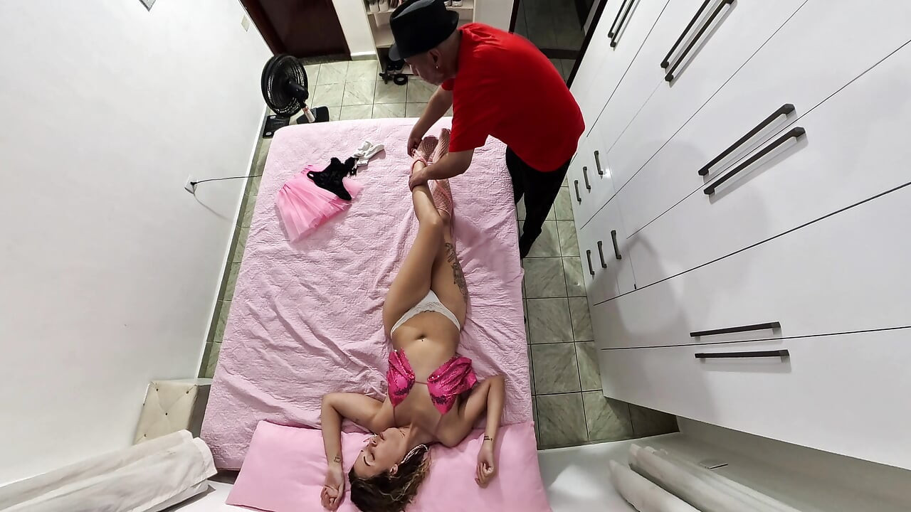 Stepfather takes off his carnival costume and ejaculates in her mouth.