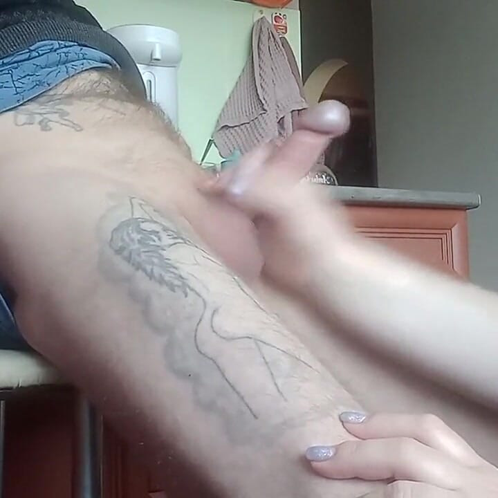 A fat woman naked jerks off my cock to a cumshot in the kitchen