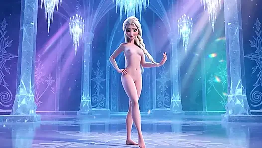 Çarpıcı çıplak elsa zarif ve zarif şehvetli pozlar onun büyülü parlayan buz sarayı sinematik 3d animasyon