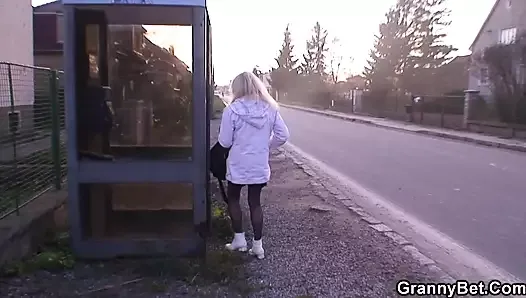 Picked up blonde grandma rides stranger's dick