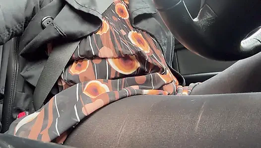 Elegant stepmom drives to the office wearing tights and a beautiful dress