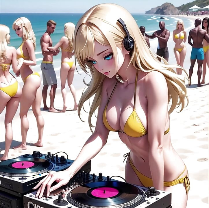 Anime Sexy DJ on the Beach Synthwave Retrowave