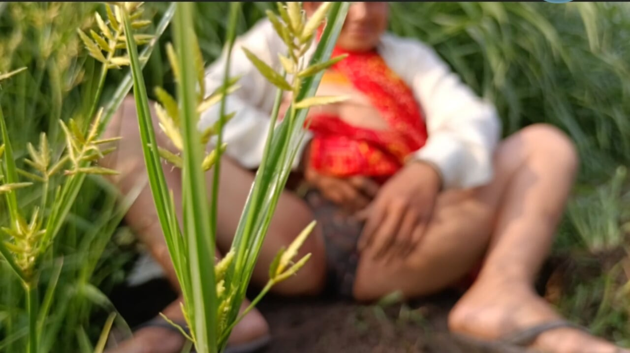 My elder sister-in-law is tormenting in the field of millet by undressing her clothes and putting fingers in her pussy.