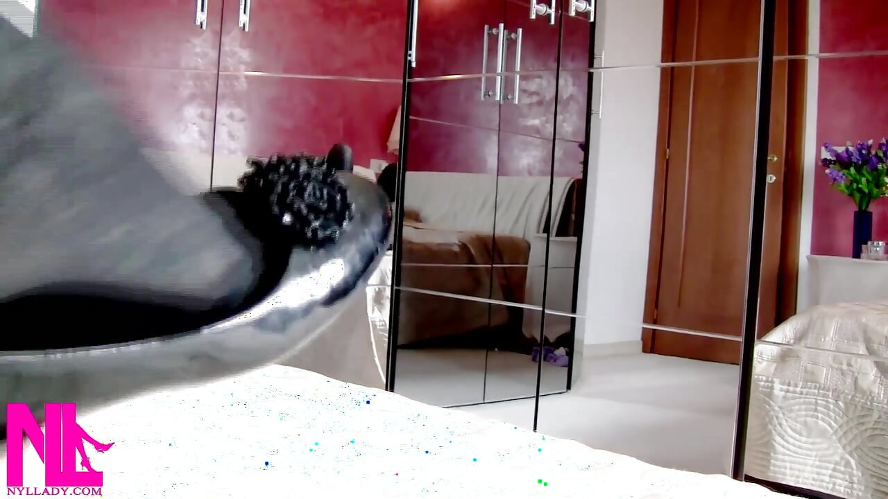 Masturbation Encouragement Dangling in Black Pattent Flats