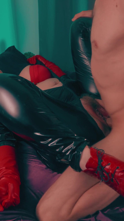 Tearing off clothes and rough fuck in a hairy pussy, Facial. Big Ass MILF in shiny black PVC catsuit used like a slut | Clip 1
