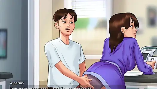 Stepmom and stepsister fight for the tenant's cock in the house and fuck him all the time - summertime saga