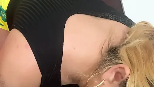 Sucking the furniture assembler while husband works