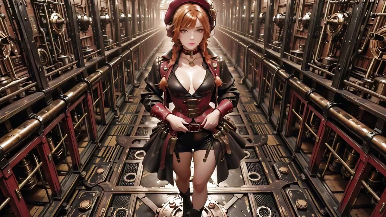 Steampunk Duchess! Red-haired mechanical girl teasing in the Gear Hall.