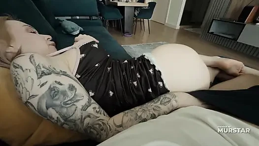 Step Mom with Huge Tits Shares the Bed with Step Son in Heart Peignoir and Gets Cum on Her Massive Ass After Spoon Sex