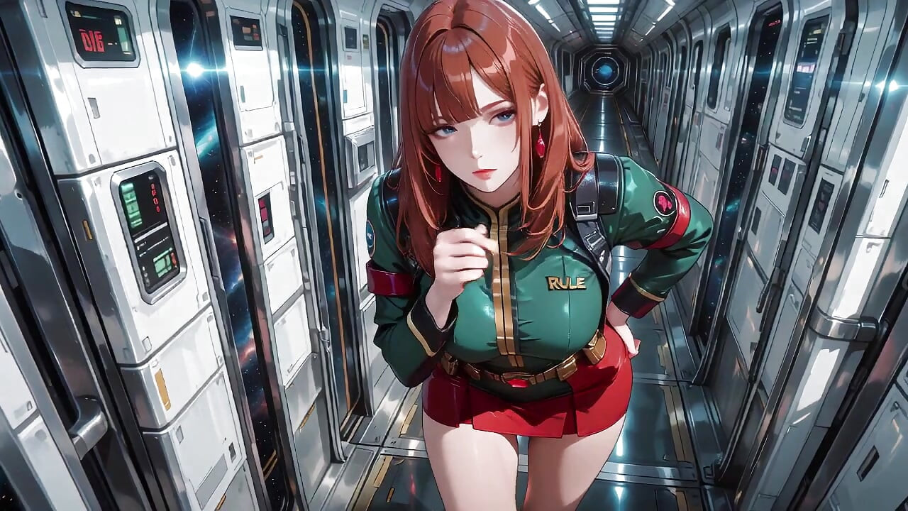 Inside the Sci-Fi Train, she wears a tight green armor, touching her red lips while gazing at the galaxy through the porthole.