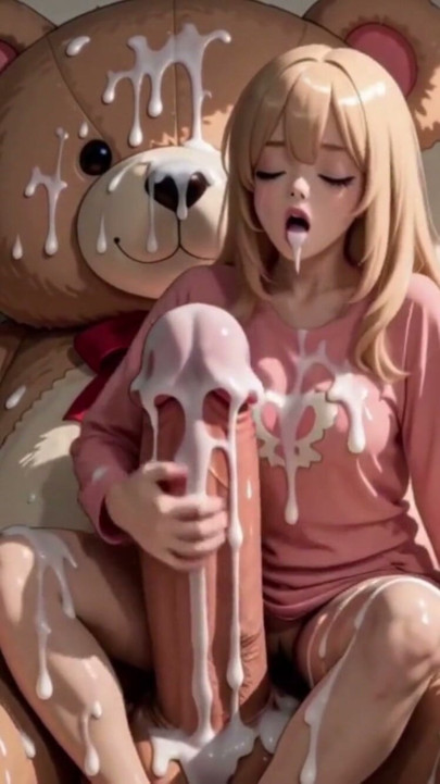 3d anime kawaii blonde girl is fucked by her big teddy bear | Clip 1