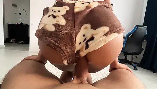 Humping! perfect Morning with stepsister in plush Pajamas ,I fucked her pussy and cumshot on perfect ass