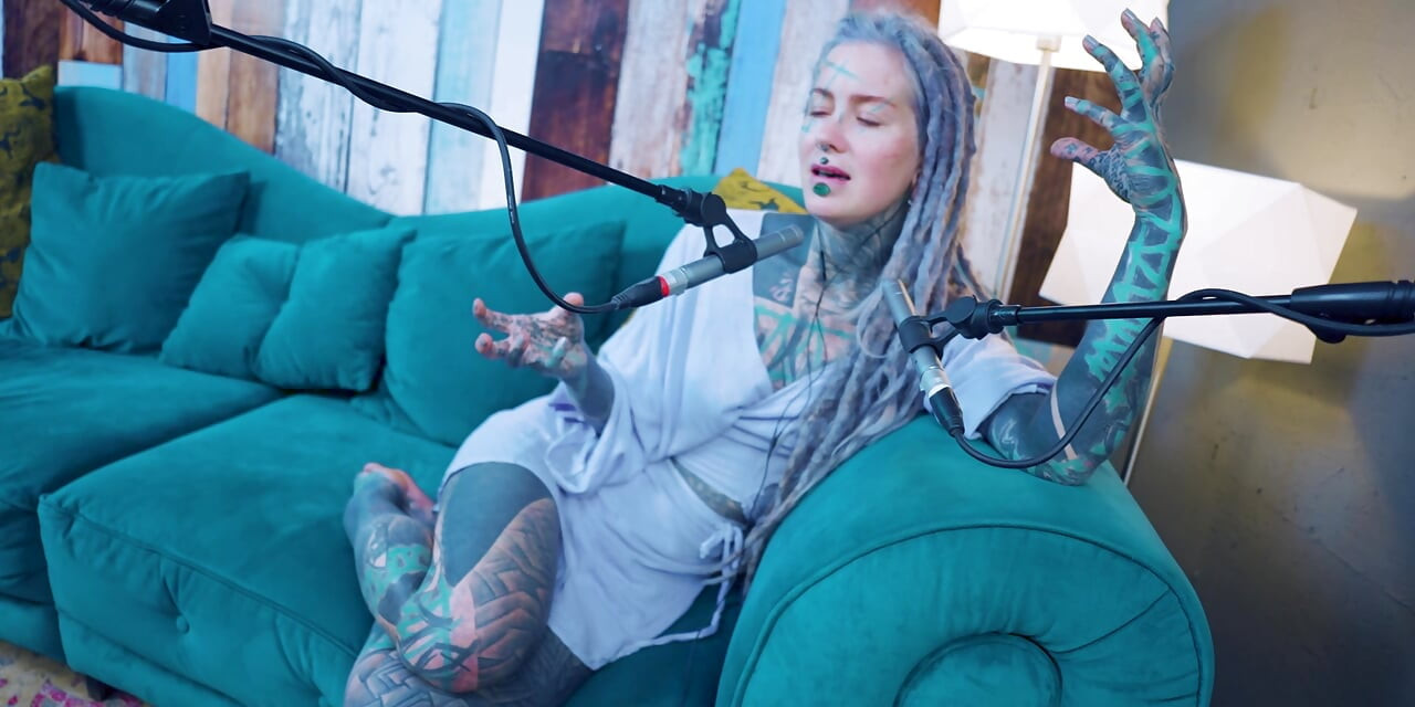I talk about M - Music - ASMR podcast SFW talking goth skinny girl dreadlocks tattoo model inked girl